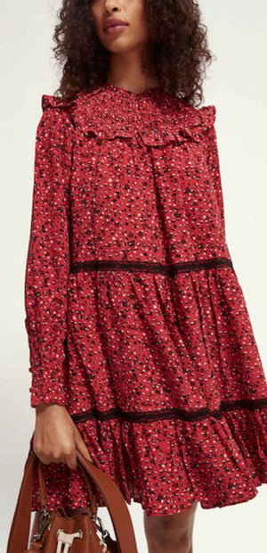 Scotch & Soda Smocked and Tiered Long Sleeve Dress