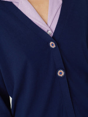 Nice Things V Neck Jacket with Crochet Buttons - 100% Cotton / Navy